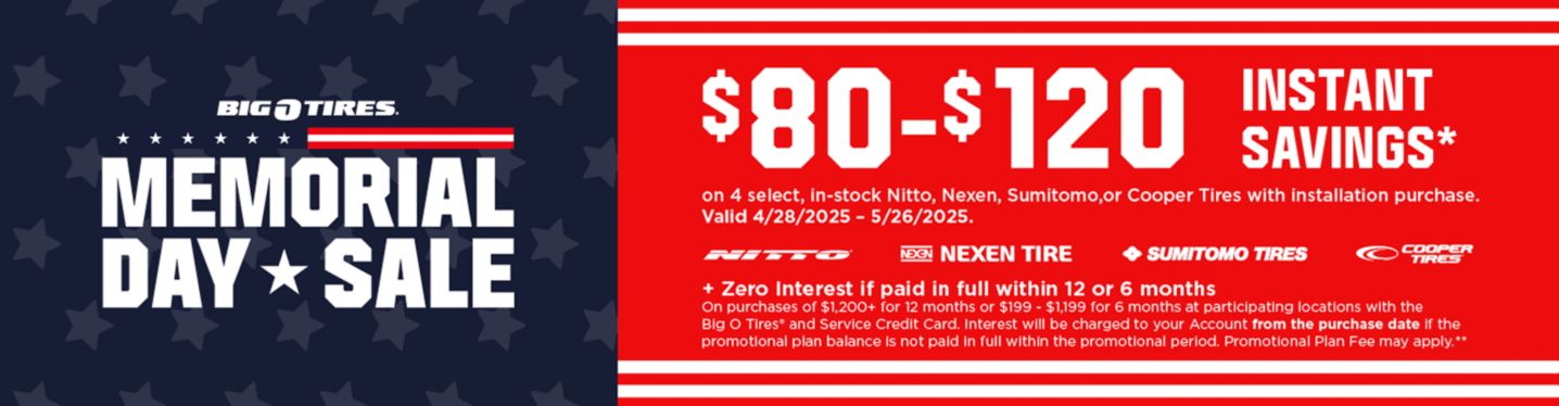 Save $80 - $120 instantly on 4 select Nitto, Cooper, Nexen & Sumitomo tires with installation purchase