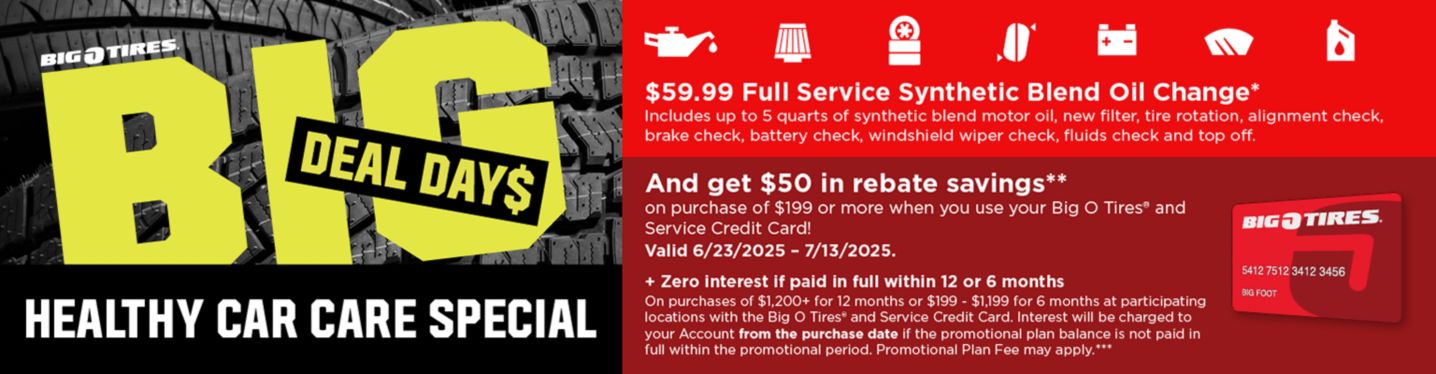 Includes up to 5 quarts of synthetic blend motor oil, new filter, tire rotation, alignment check, brake check, battery check, windshield wiper check, fluids check and top off.