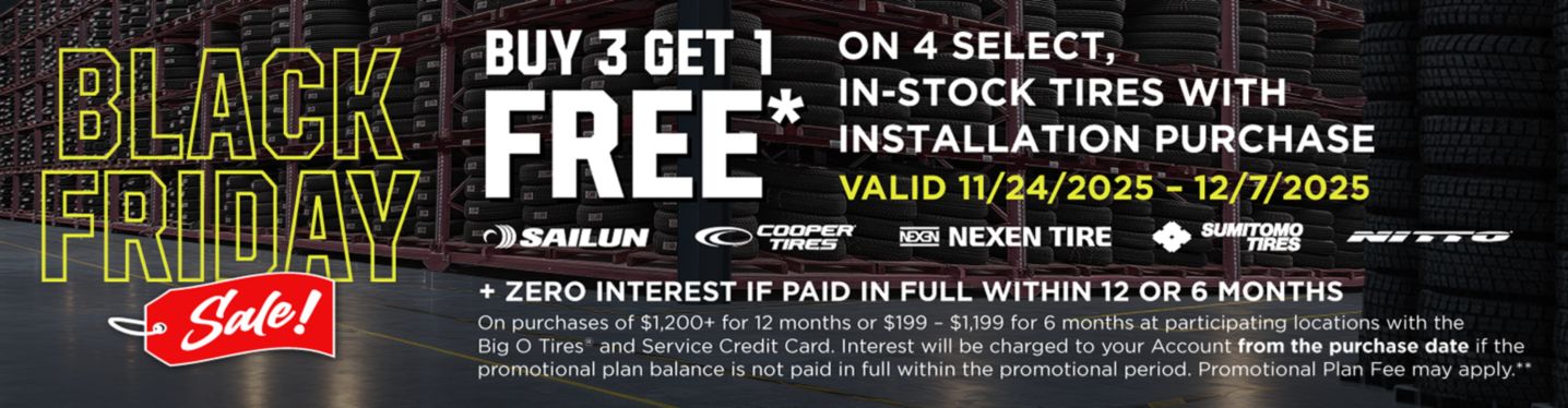 Buy 3 Tires, Get 1 Free on 4 select, in-stock Cooper, Nitto, Nexen, Sumitomo or Sailun branded tires with installation purchase