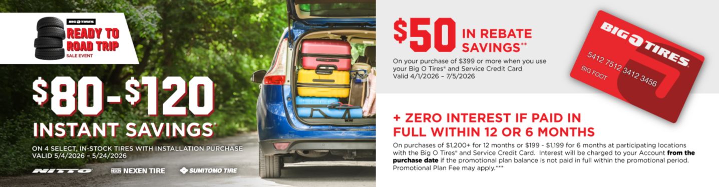 $80 - $120 Instant Savings* on 4 select, in-stock tires with installation purchase. Valid 5/4/2026 – 5/24/2026