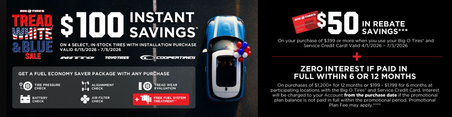 $100 Instant Savings* on 4 select, in-stock tires with installation purchase.