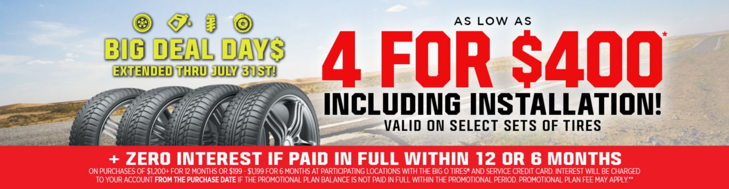 Select sets of four tires as low as $400 Installed! Call for your size and price today!